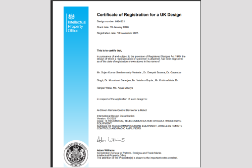 Dr. Moushumi Banerjee from FHMCT Secures UK Design Registration for AI-Driven Robotic Control Innovation
